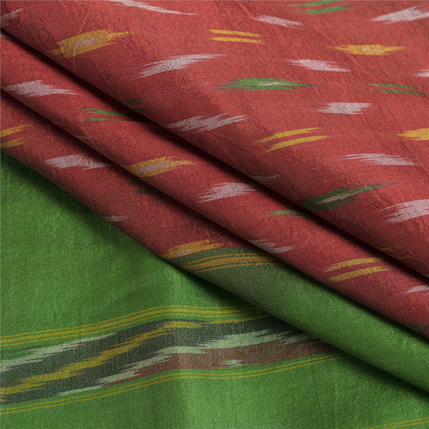 Sanskriti Vintage Handwoven Ikat Silk Saree Fabric: Red Pochampally Vintage Sari - 5yd by upholstery fabric