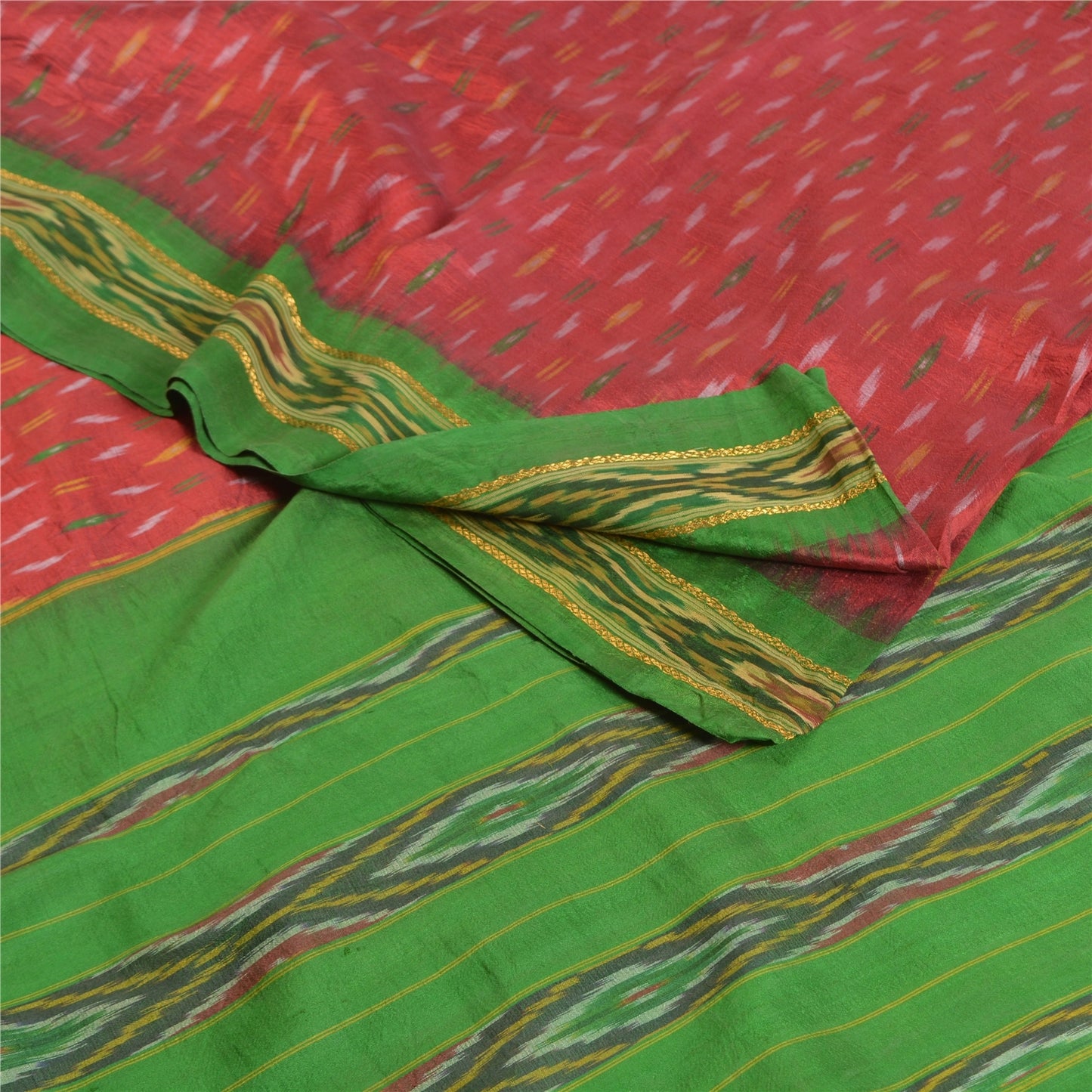 Sanskriti Vintage Handwoven Ikat Silk Saree Fabric: Red Pochampally Vintage Sari - 5yd by upholstery fabric
