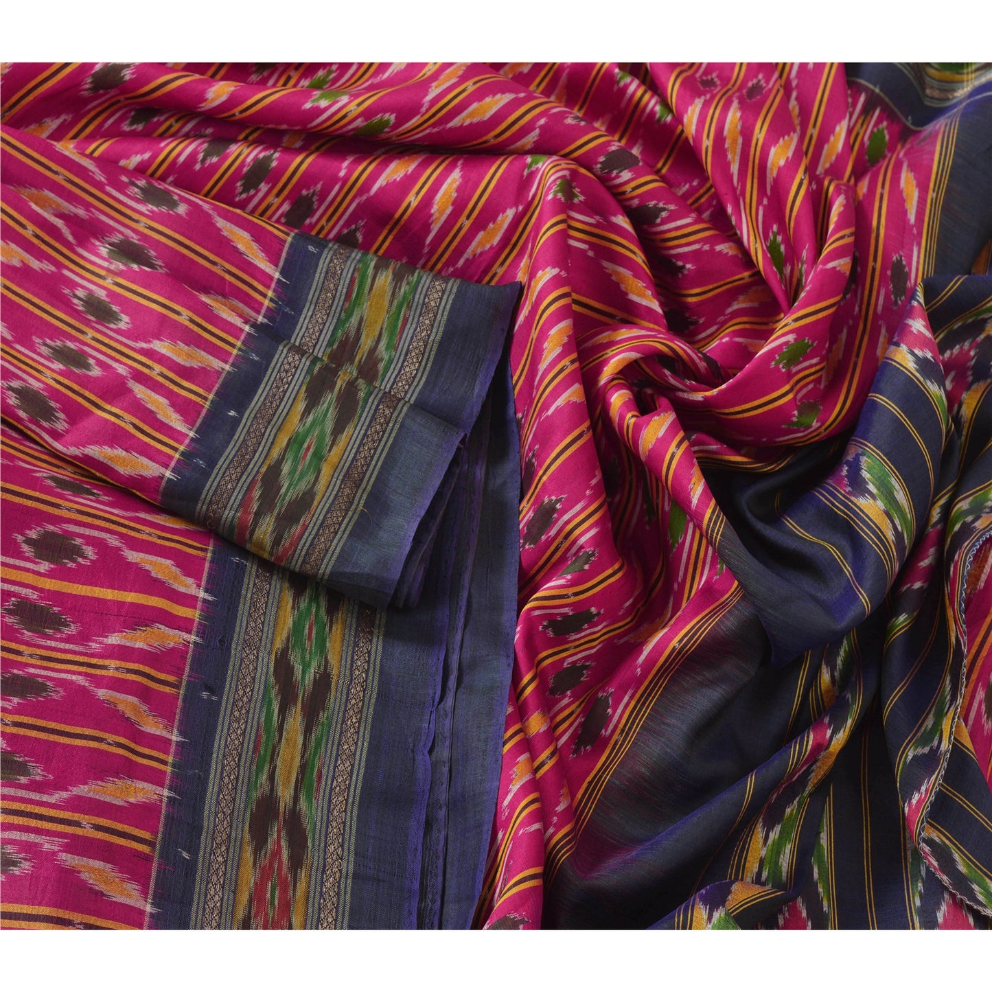 Sanskriti Vintage Pink Saree Pure Silk Pochampally Woven Ikat Sari Craft Fabric