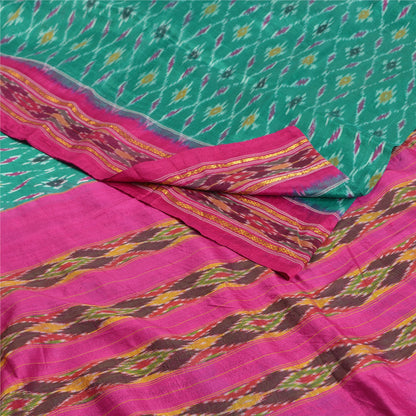 Sanskriti Vintage Saree Green Pochampally Hand Woven Ikat Pure Silk Sari Fabric