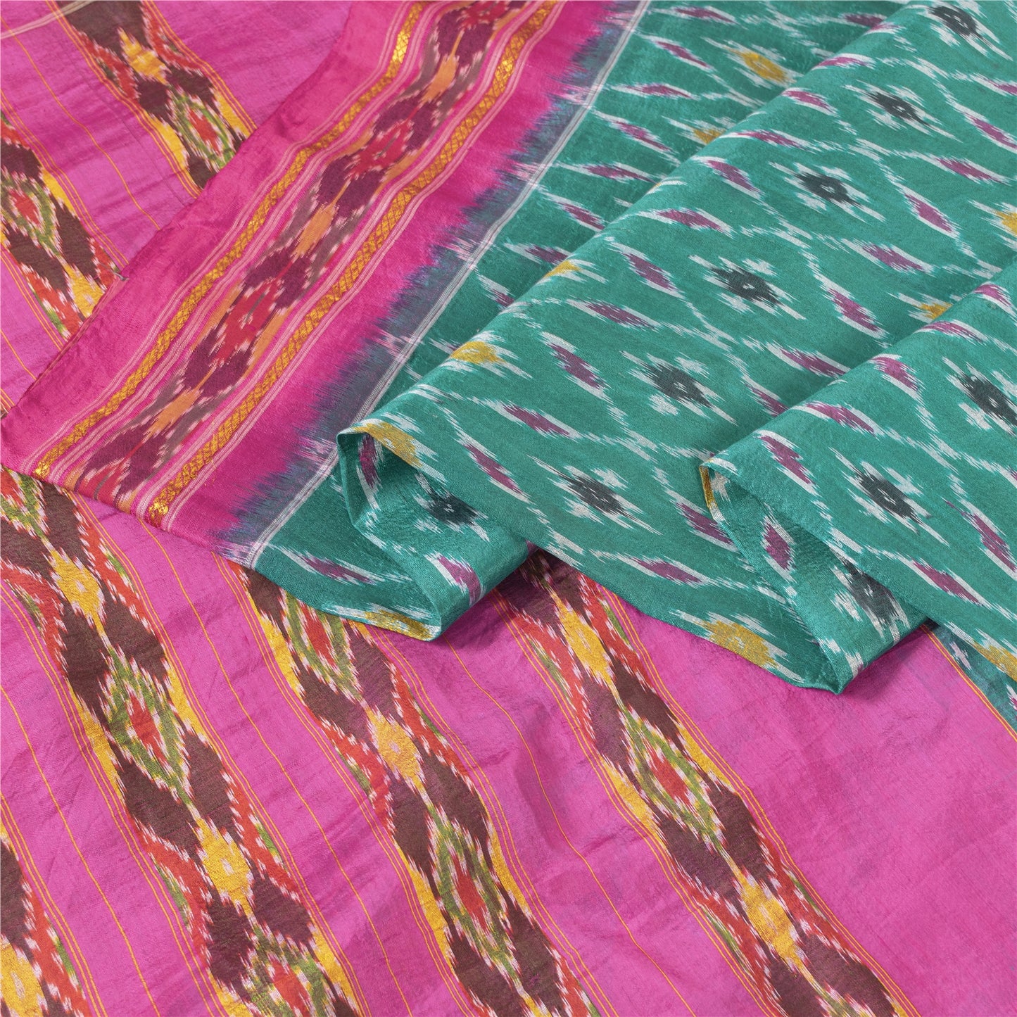 Sanskriti Vintage Saree Green Pochampally Hand Woven Ikat Pure Silk Sari Fabric