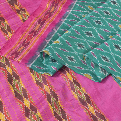 Sanskriti Vintage Saree Green Pochampally Hand Woven Ikat Pure Silk Sari Fabric