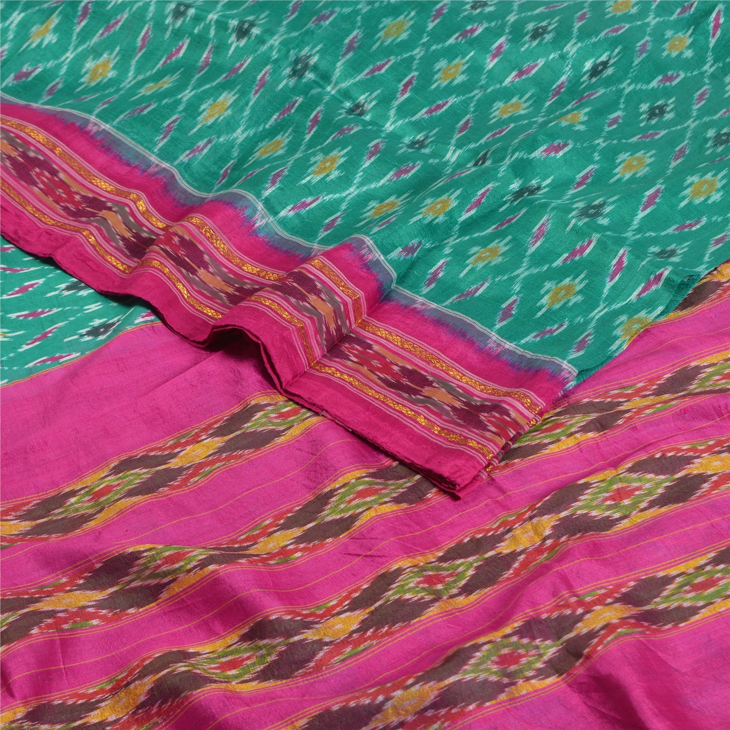 Sanskriti Vintage Saree Green Pochampally Hand Woven Ikat Pure Silk Sari Fabric