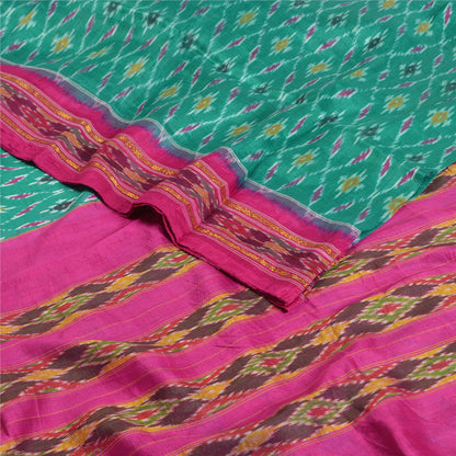 Sanskriti Vintage Saree Green Pochampally Hand Woven Ikat Pure Silk Sari Fabric