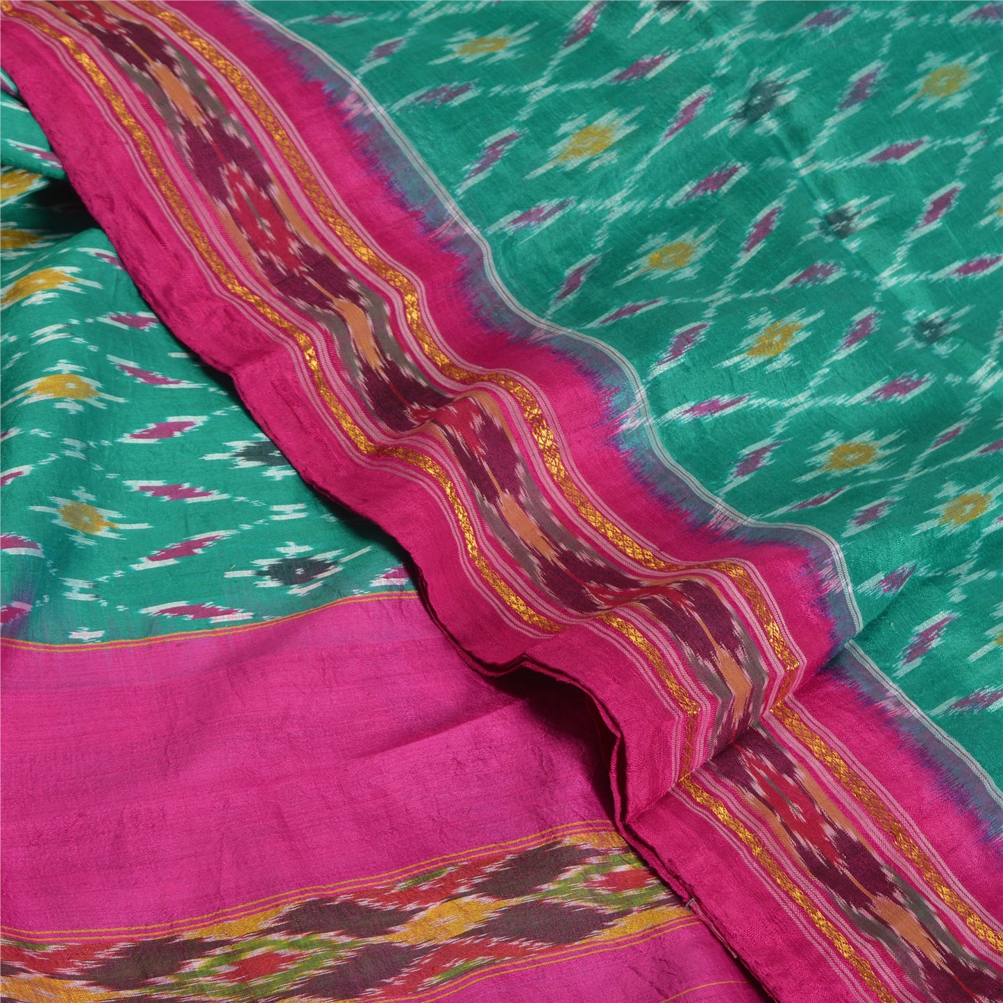 Sanskriti Vintage Saree Green Pochampally Hand Woven Ikat Pure Silk Sari Fabric