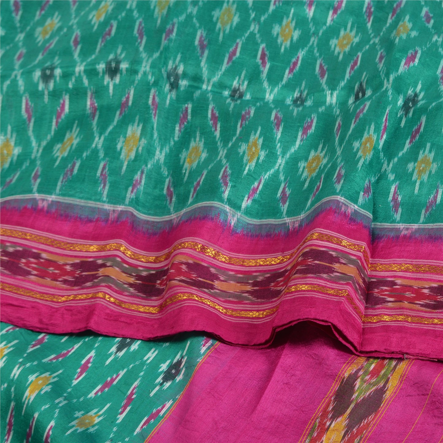 Sanskriti Vintage Saree Green Pochampally Hand Woven Ikat Pure Silk Sari Fabric