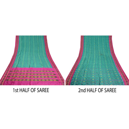 Sanskriti Vintage Saree Green Pochampally Hand Woven Ikat Pure Silk Sari Fabric