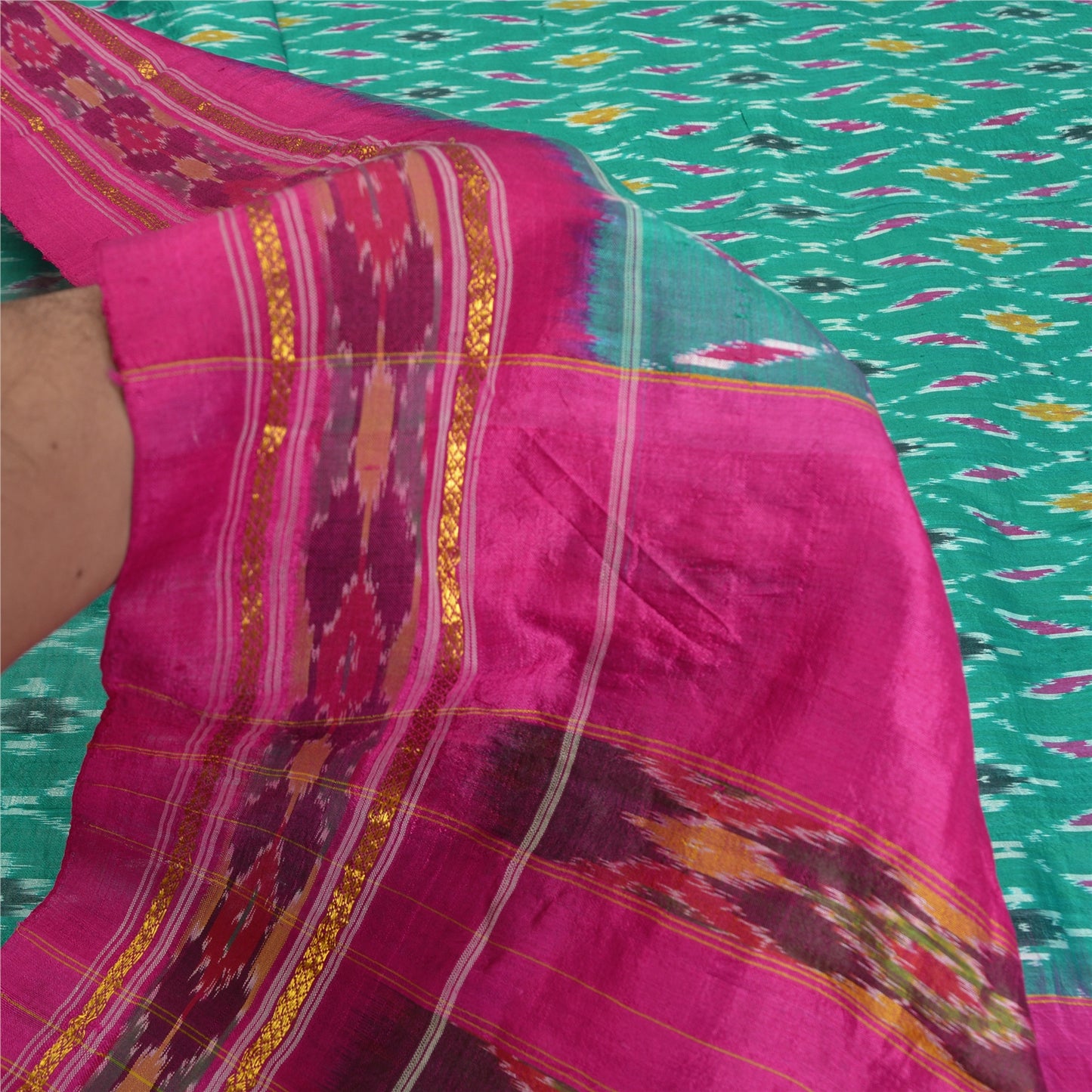 Sanskriti Vintage Saree Green Pochampally Hand Woven Ikat Pure Silk Sari Fabric