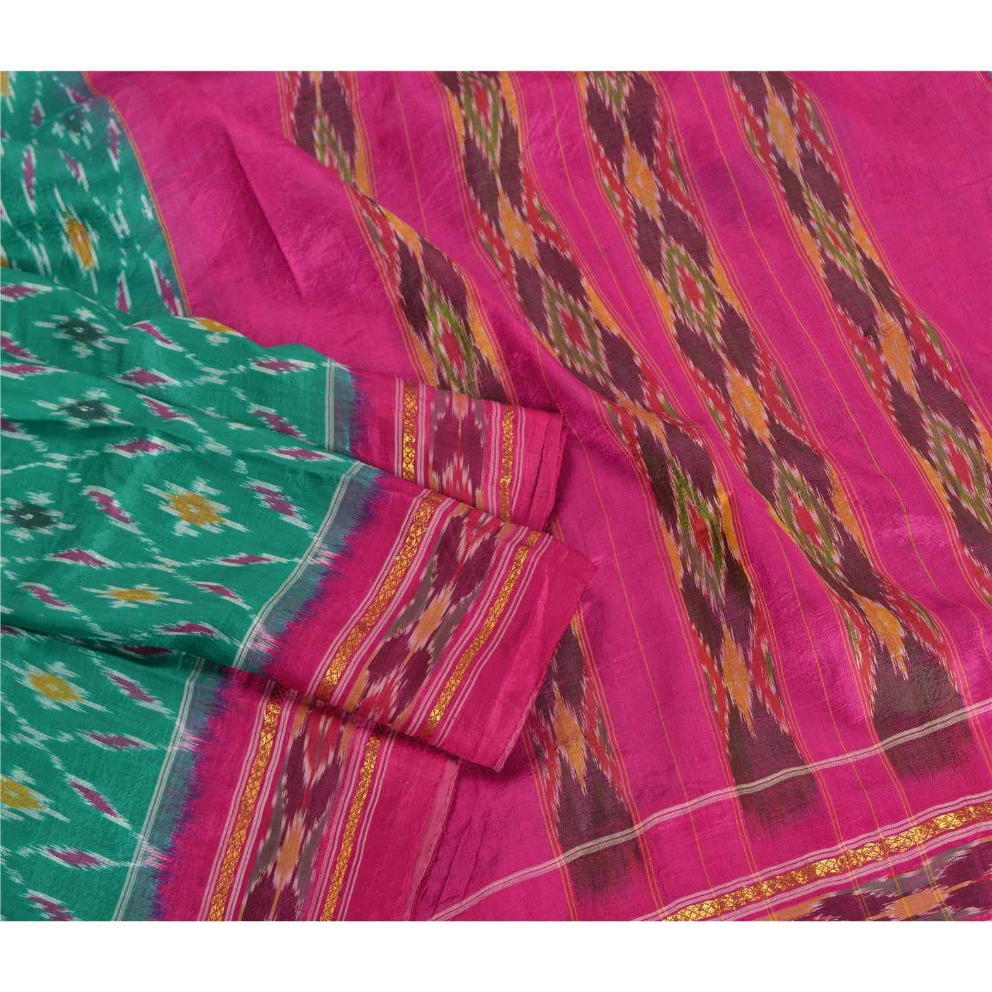 Sanskriti Vintage Saree Green Pochampally Hand Woven Ikat Pure Silk Sari Fabric
