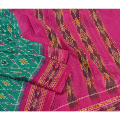 Sanskriti Vintage Saree Green Pochampally Hand Woven Ikat Pure Silk Sari Fabric
