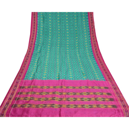 Sanskriti Vintage Saree Green Pochampally Hand Woven Ikat Pure Silk Sari Fabric