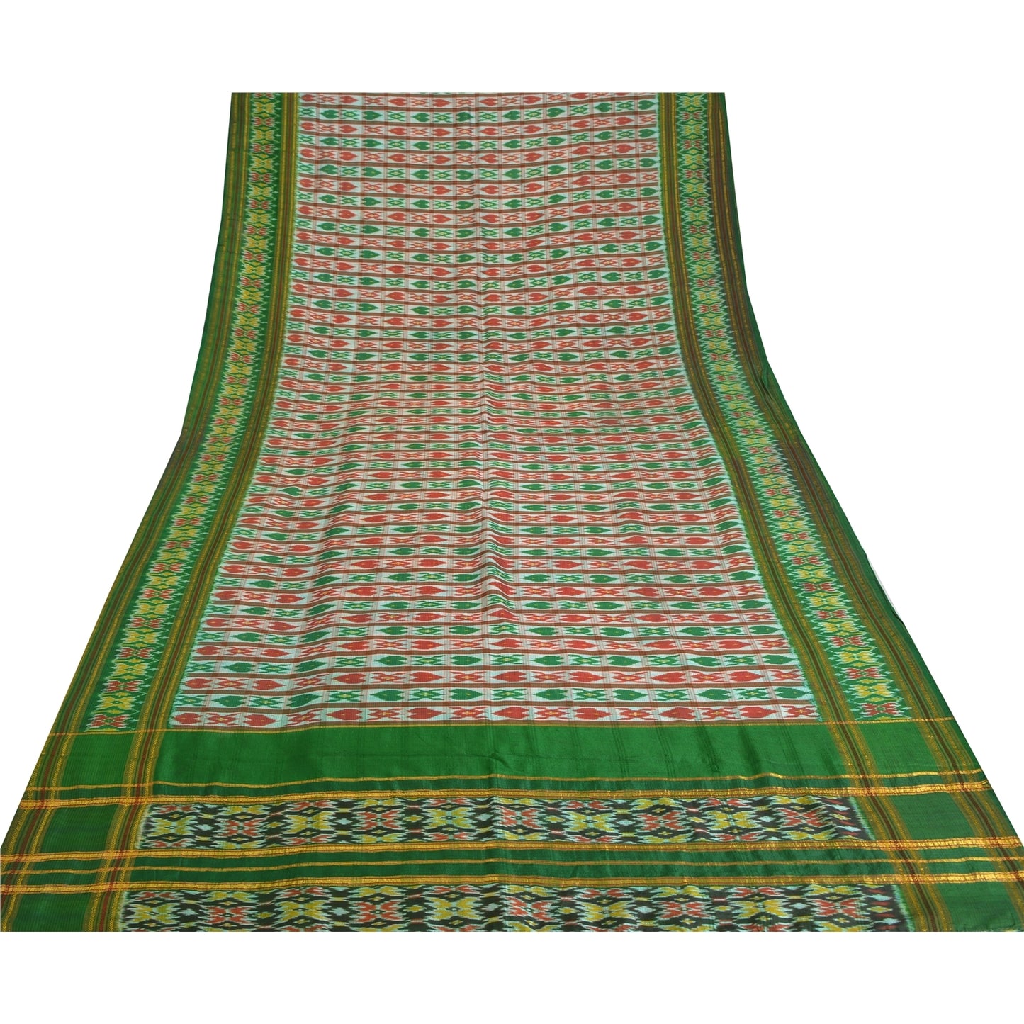 Sanskriti Vintage Sarees Green & Red Pochampally Pure Silk Hand Ikat Woven Sari