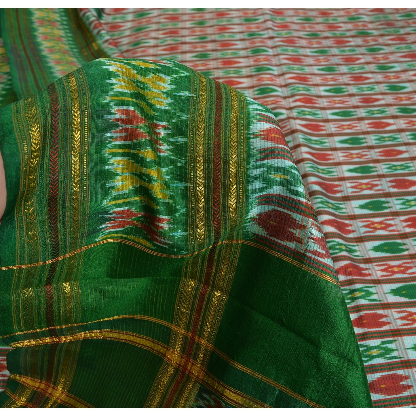 Sanskriti Vintage Sarees Green & Red Pochampally Pure Silk Hand Ikat Woven Sari
