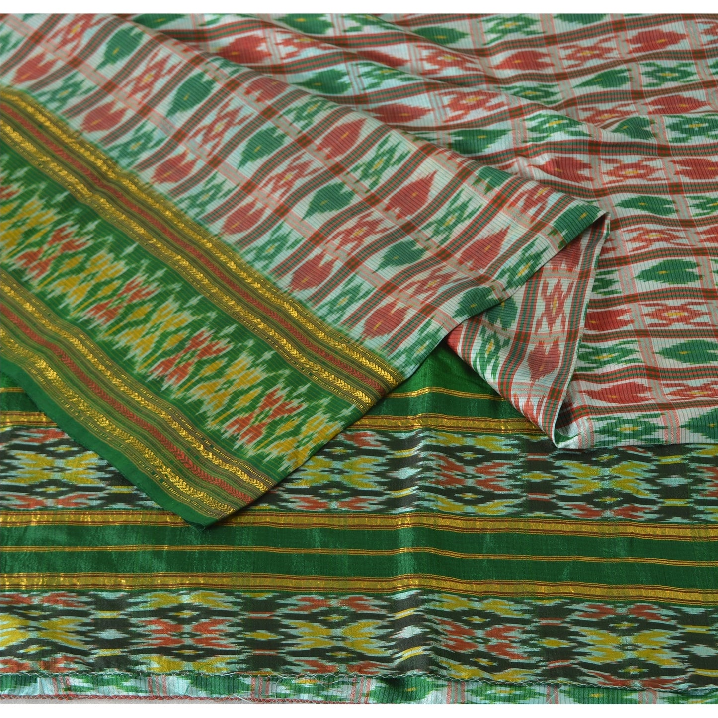 Sanskriti Vintage Sarees Green & Red Pochampally Pure Silk Hand Ikat Woven Sari