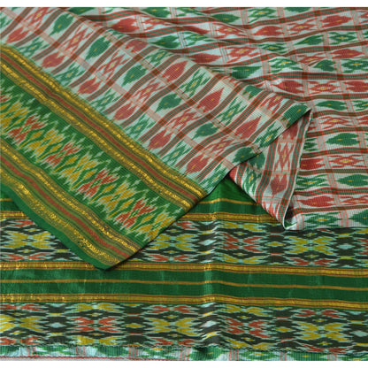 Sanskriti Vintage Sarees Green & Red Pochampally Pure Silk Hand Ikat Woven Sari
