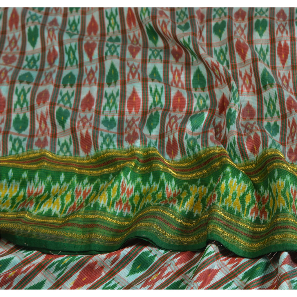 Sanskriti Vintage Sarees Green & Red Pochampally Pure Silk Hand Ikat Woven Sari