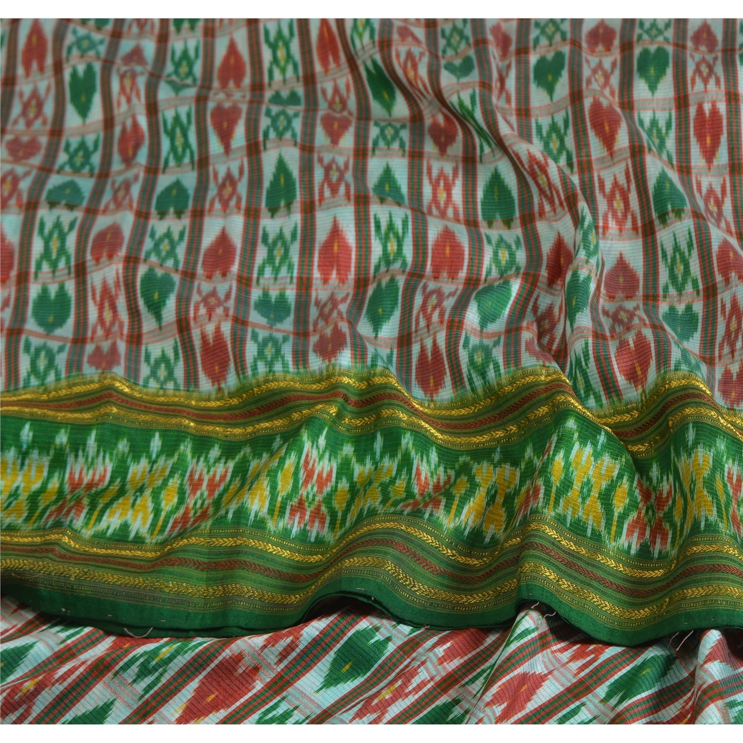 Sanskriti Vintage Sarees Green & Red Pochampally Pure Silk Hand Ikat Woven Sari