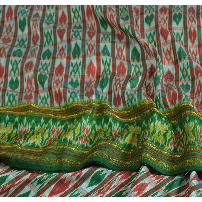 Sanskriti Vintage Saree 100% Pure Silk Craft Fabric Saree Green & Red Pochampally Hand Ikat Woven 4+Yd Sari Home Decor, Upcycled, Recycle