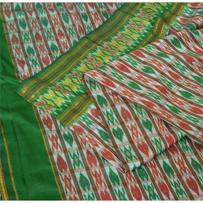 Sanskriti Vintage Sarees Green & Red Pochampally Pure Silk Hand Ikat Woven Sari