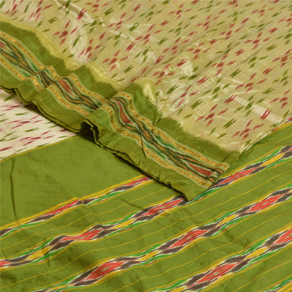 Sanskriti Vintage Saree Green Pochampally Hand Woven Ikat Pure Silk Sari Fabric