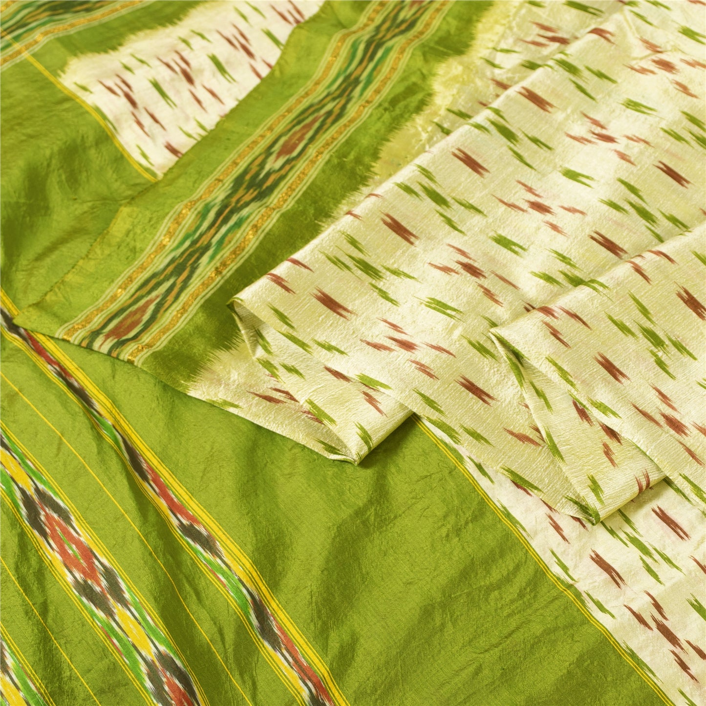 Sanskriti Vintage Saree Green Pochampally Hand Woven Ikat Pure Silk Sari Fabric