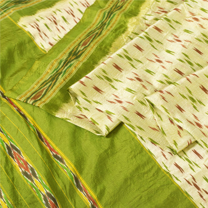 Sanskriti Vintage Saree Green Pochampally Hand Woven Ikat Pure Silk Sari Fabric