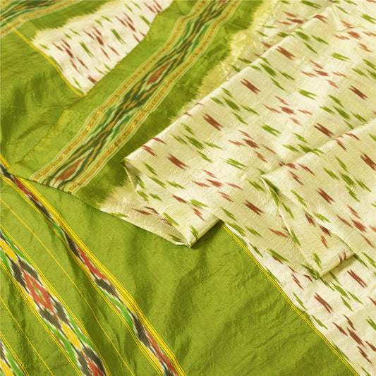 Sanskriti Vintage Saree Green Pochampally Hand Woven Ikat Pure Silk Sari Fabric