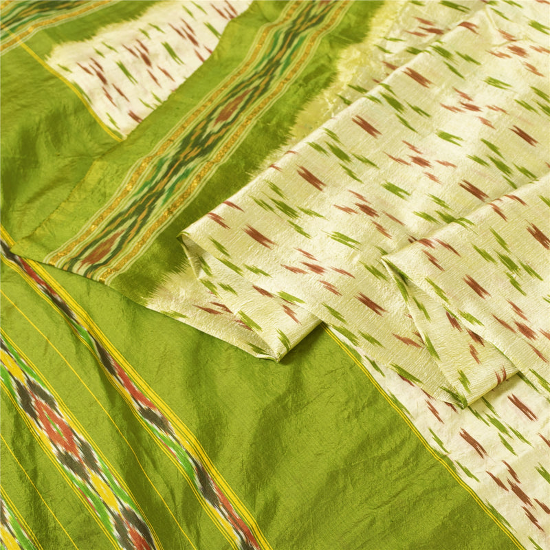 Sanskriti Vintage Saree Green Pochampally Hand Woven Ikat Pure Silk Sari Fabric