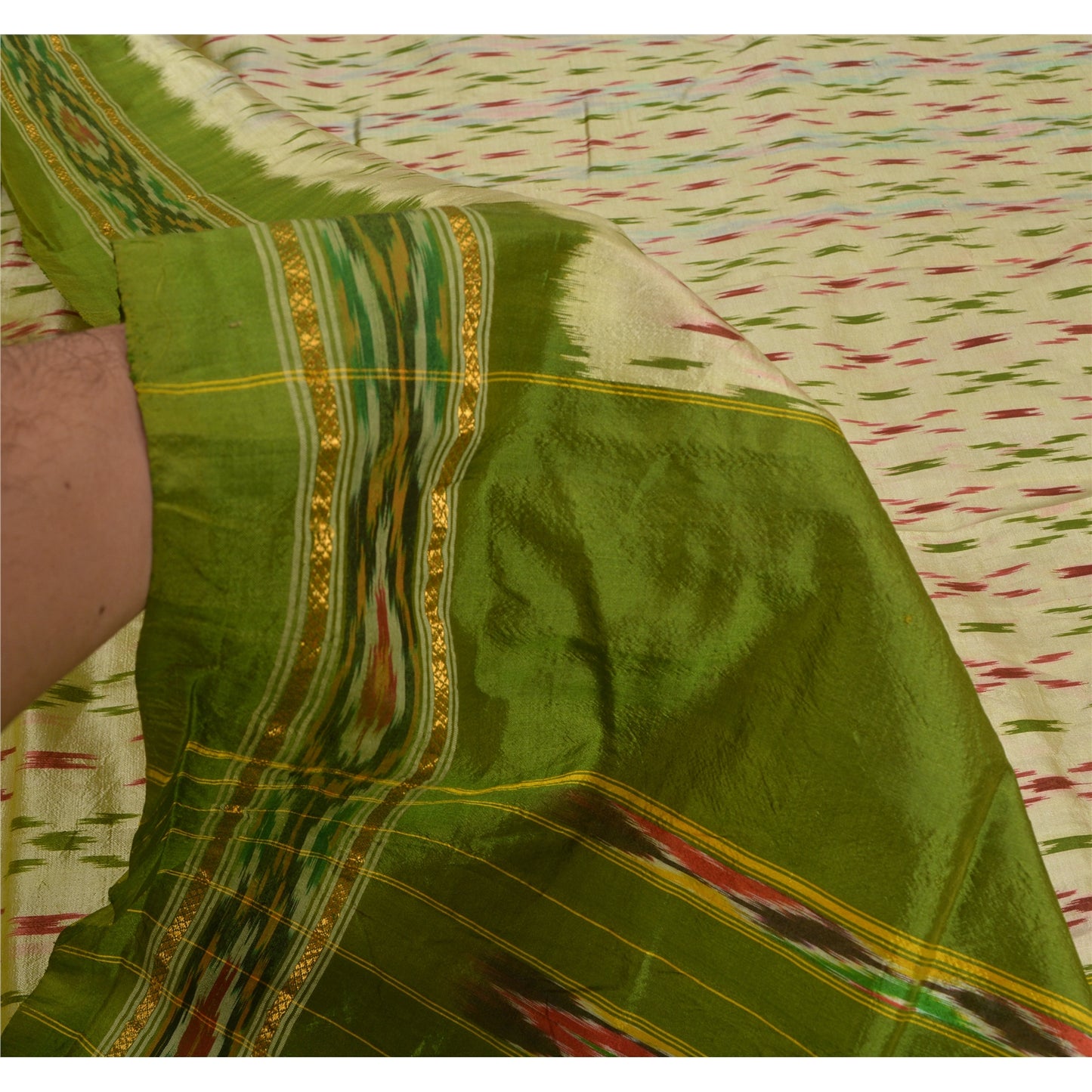 Sanskriti Vintage Saree Green Pochampally Hand Woven Ikat Pure Silk Sari Fabric