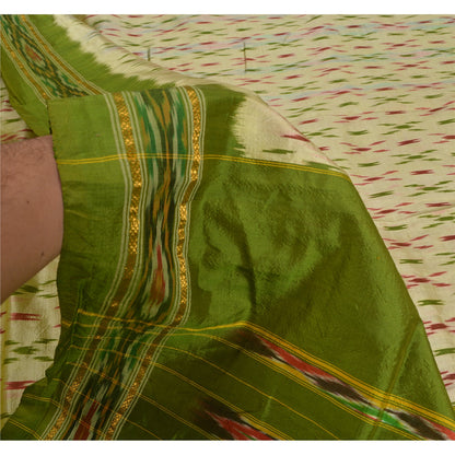 Sanskriti Vintage Saree Green Pochampally Hand Woven Ikat Pure Silk Sari Fabric