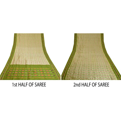 Sanskriti Vintage Saree Green Pochampally Hand Woven Ikat Pure Silk Sari Fabric