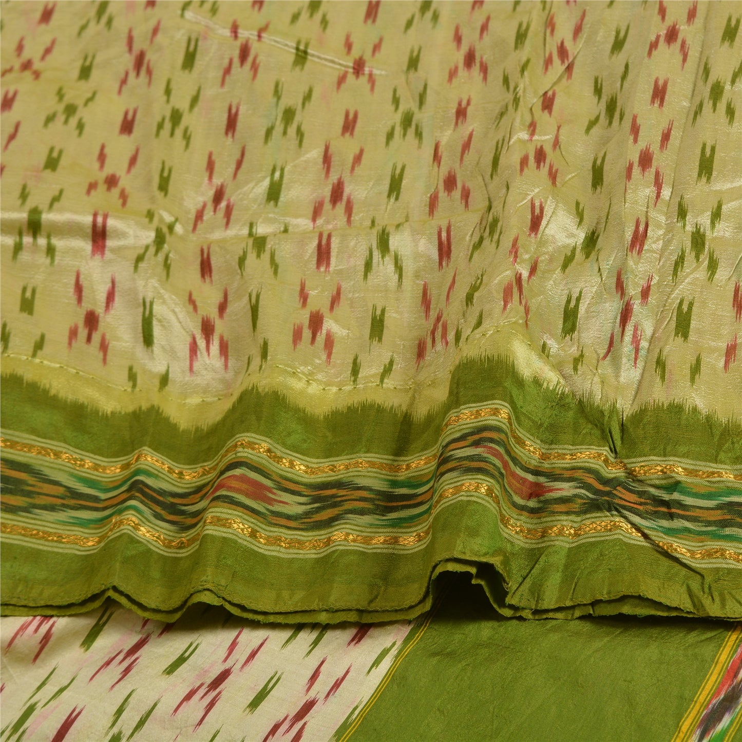 Sanskriti Vintage Saree Green Pochampally Hand Woven Ikat Pure Silk Sari Fabric