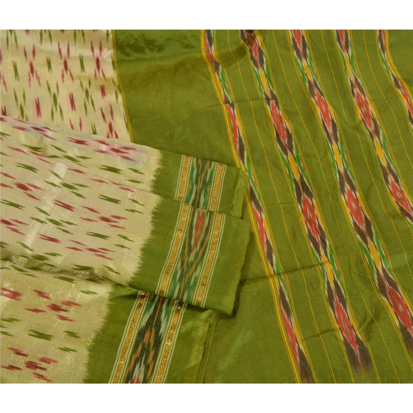 Sanskriti Vintage Saree Green Pochampally Hand Woven Ikat Pure Silk Sari Fabric