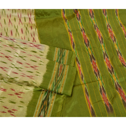 Sanskriti Vintage Saree Green Pochampally Hand Woven Ikat Pure Silk Sari Fabric
