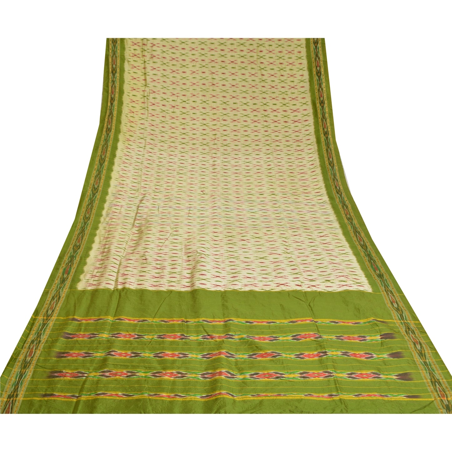 Sanskriti Vintage Saree Green Pochampally Hand Woven Ikat Pure Silk Sari Fabric