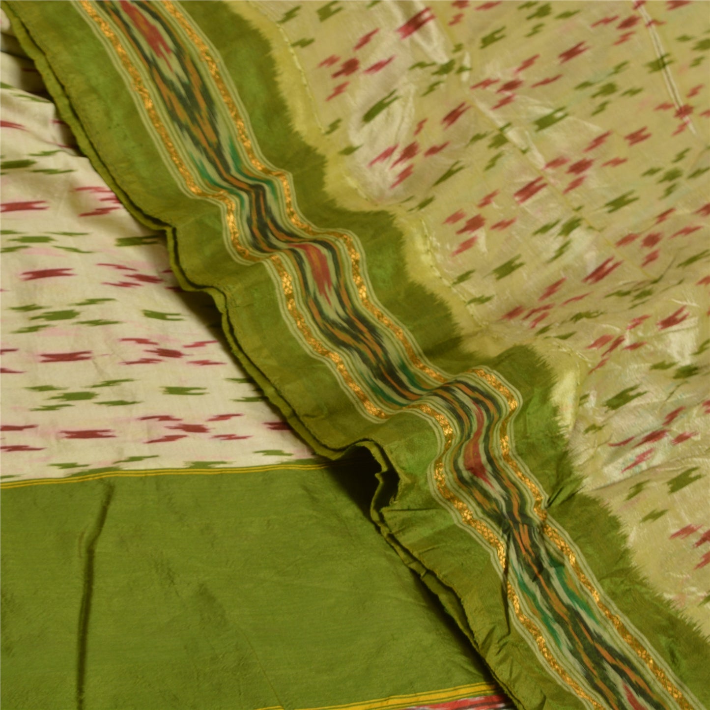 Sanskriti Vintage Saree Green Pochampally Hand Woven Ikat Pure Silk Sari Fabric