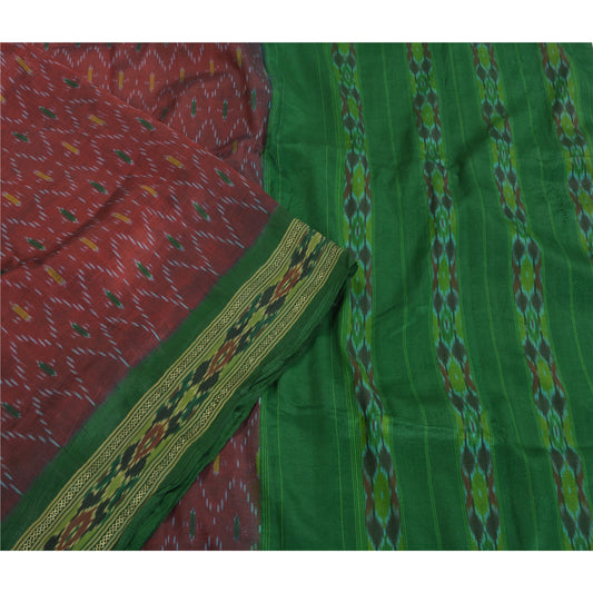 Sanskriti Vintage Saree Red Sambhalpuri Hand Woven Ikat Pure Silk Sari Fabric