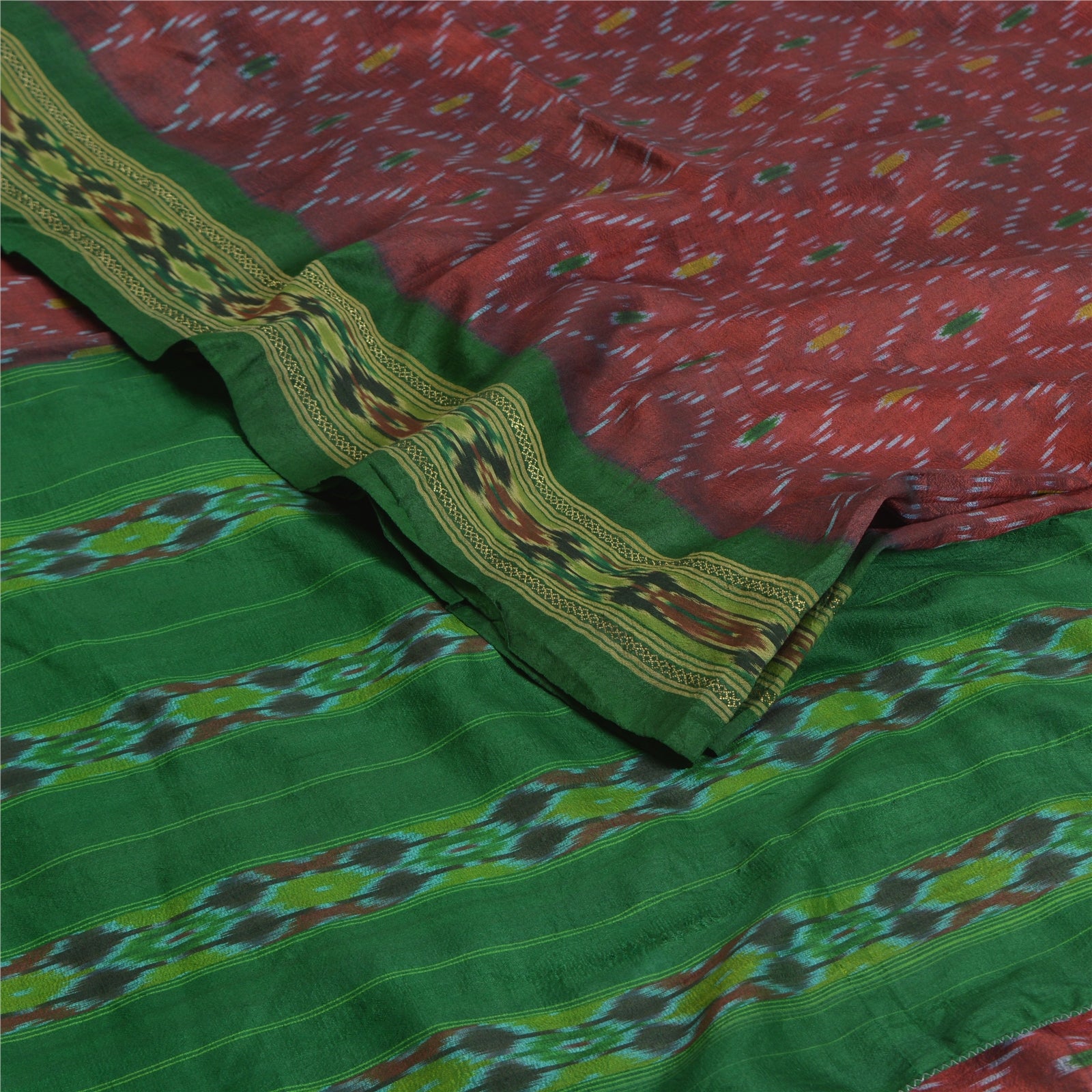 Sanskriti Vintage Saree Red Sambhalpuri Hand Woven Ikat Pure Silk Sari Fabric
