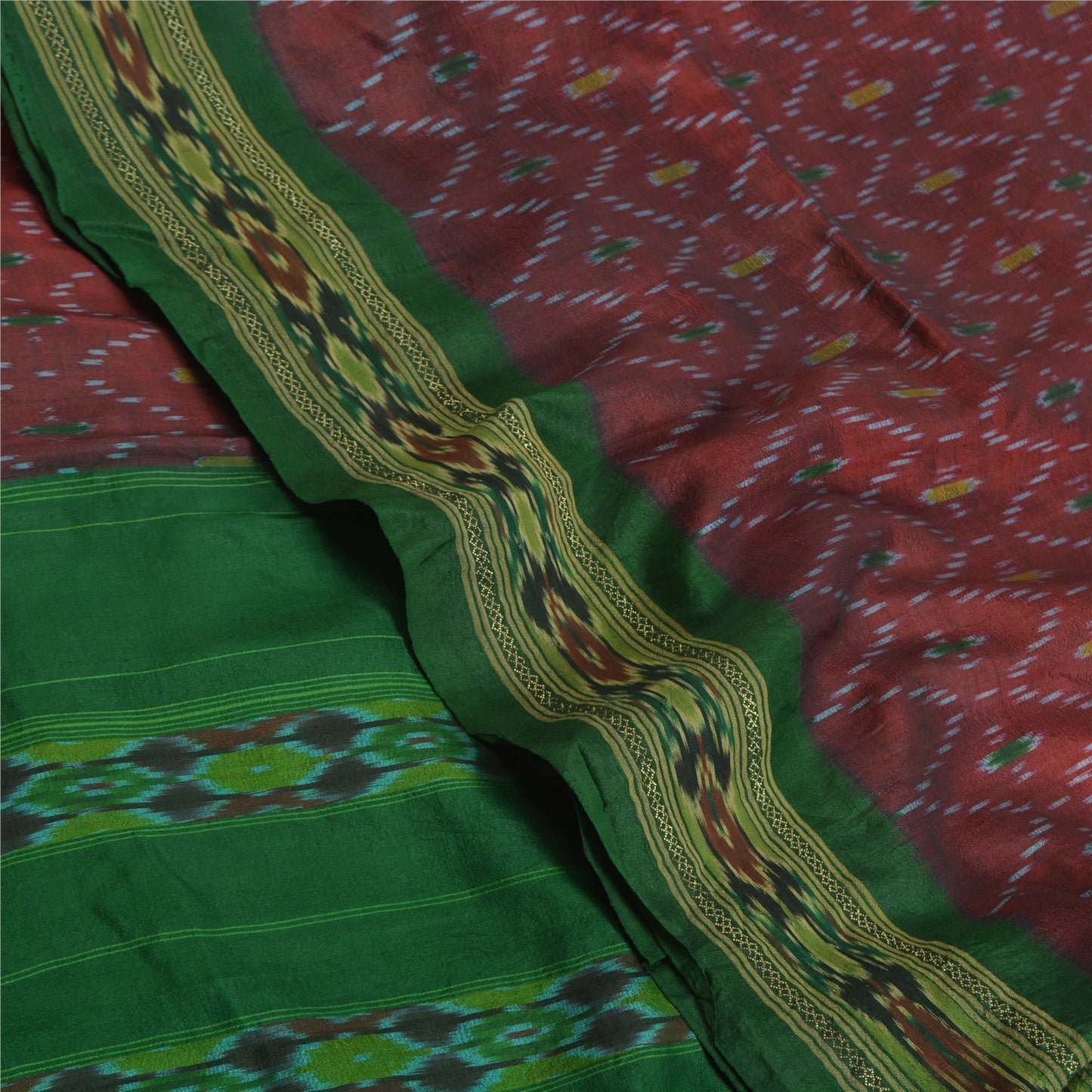 Sanskriti Vintage Saree Red Sambhalpuri Hand Woven Ikat Pure Silk Sari Fabric