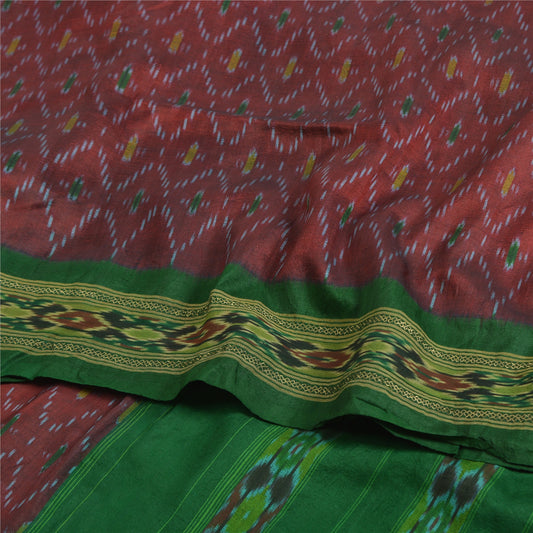 Sanskriti Vintage Saree Red Sambhalpuri Hand Woven Ikat Pure Silk Sari Fabric