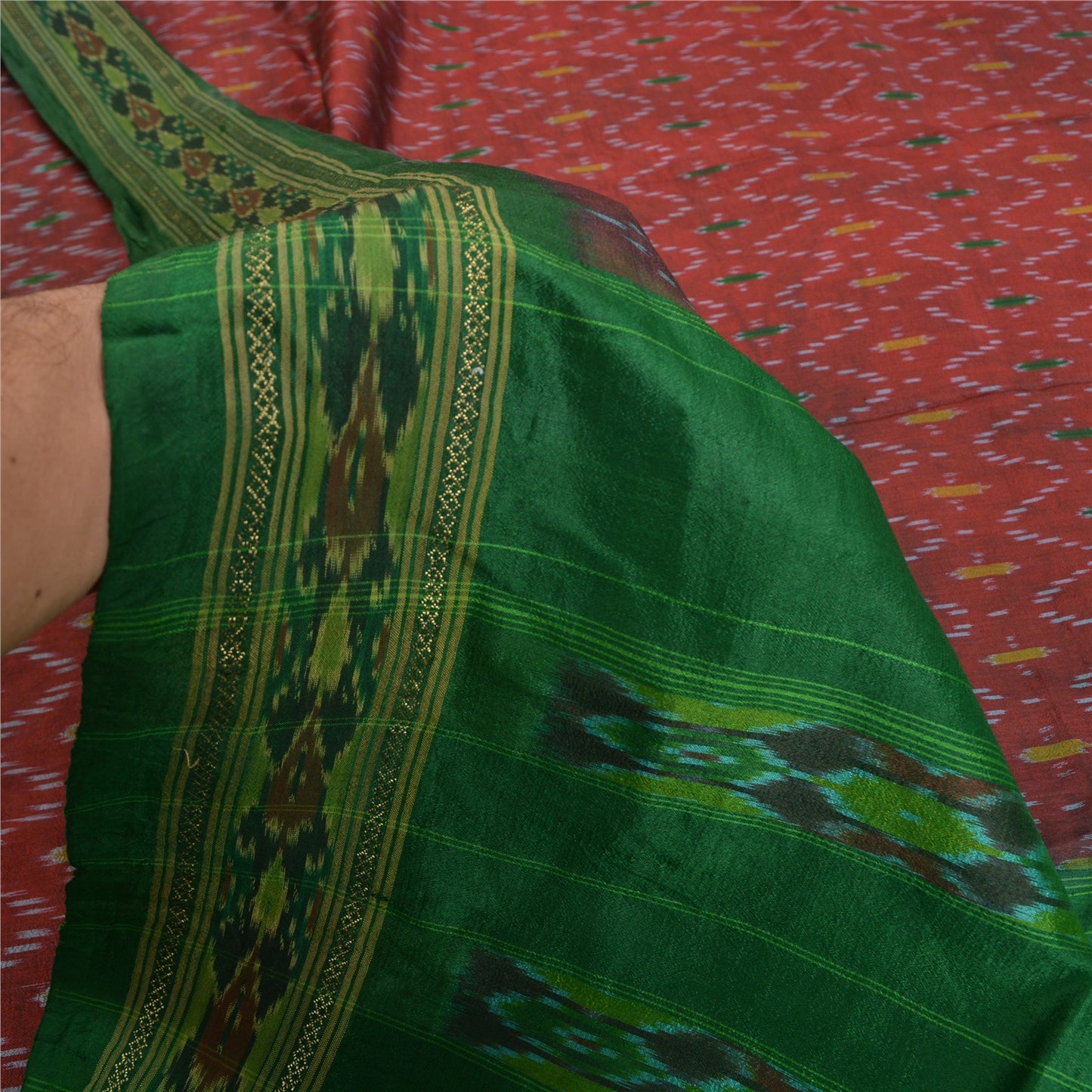 Sanskriti Vintage Saree Red Sambhalpuri Hand Woven Ikat Pure Silk Sari Fabric