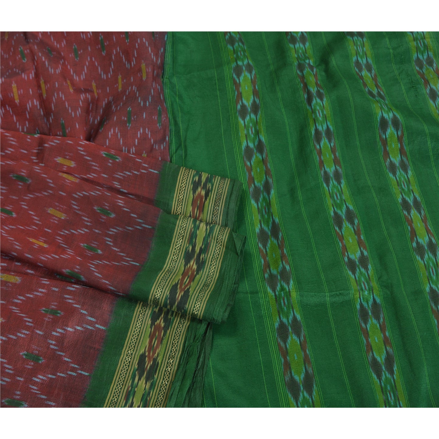 Sanskriti Vintage Saree Red Sambhalpuri Hand Woven Ikat Pure Silk Sari Fabric