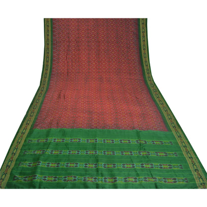 Sanskriti Vintage Saree Red Sambhalpuri Hand Woven Ikat Pure Silk Sari Fabric
