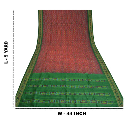 Sanskriti Vintage Saree Red Sambhalpuri Hand Woven Ikat Pure Silk Sari Fabric