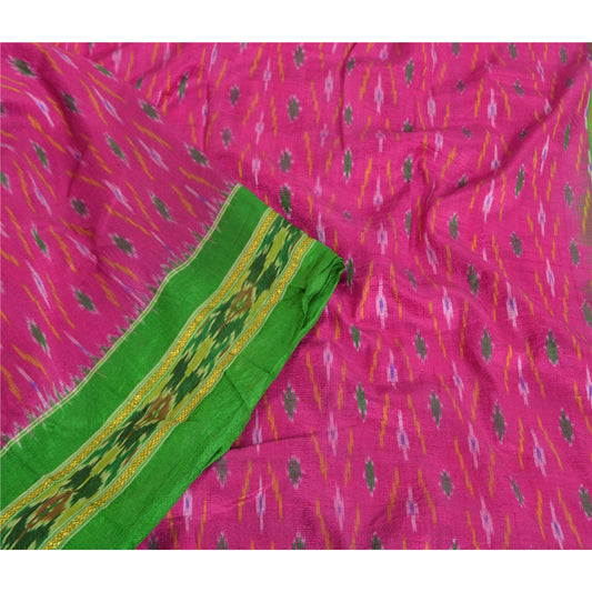 Sanskriti Vintage Pink Sarees Pochampally Hand Woven Ikat Pure Silk Sari Fabric