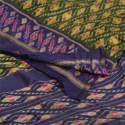Sanskriti Vintage Saree Green & Purple 5 yard Craft Fabric Sambhalpuri Hand Woven Ikat Saree 100% Pure Silk Sari Quilting For DIY Project