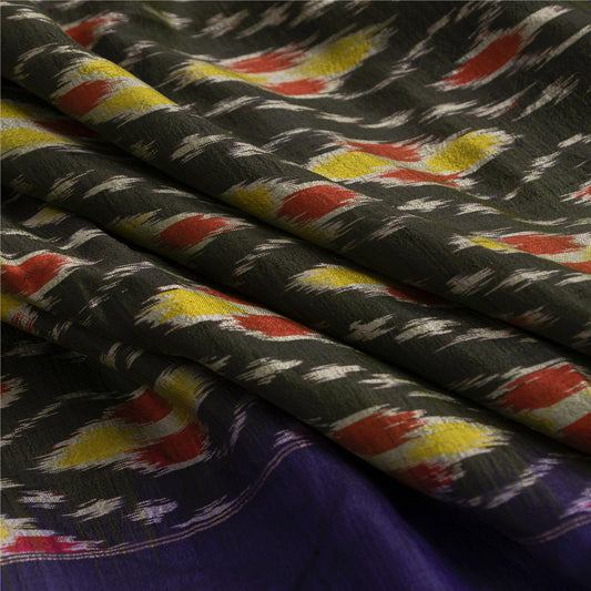 Sanskriti Vintage Saree Green & Purple 5 yard Craft Fabric Sambhalpuri Hand Woven Ikat Saree 100% Pure Silk Sari Quilting For DIY Project