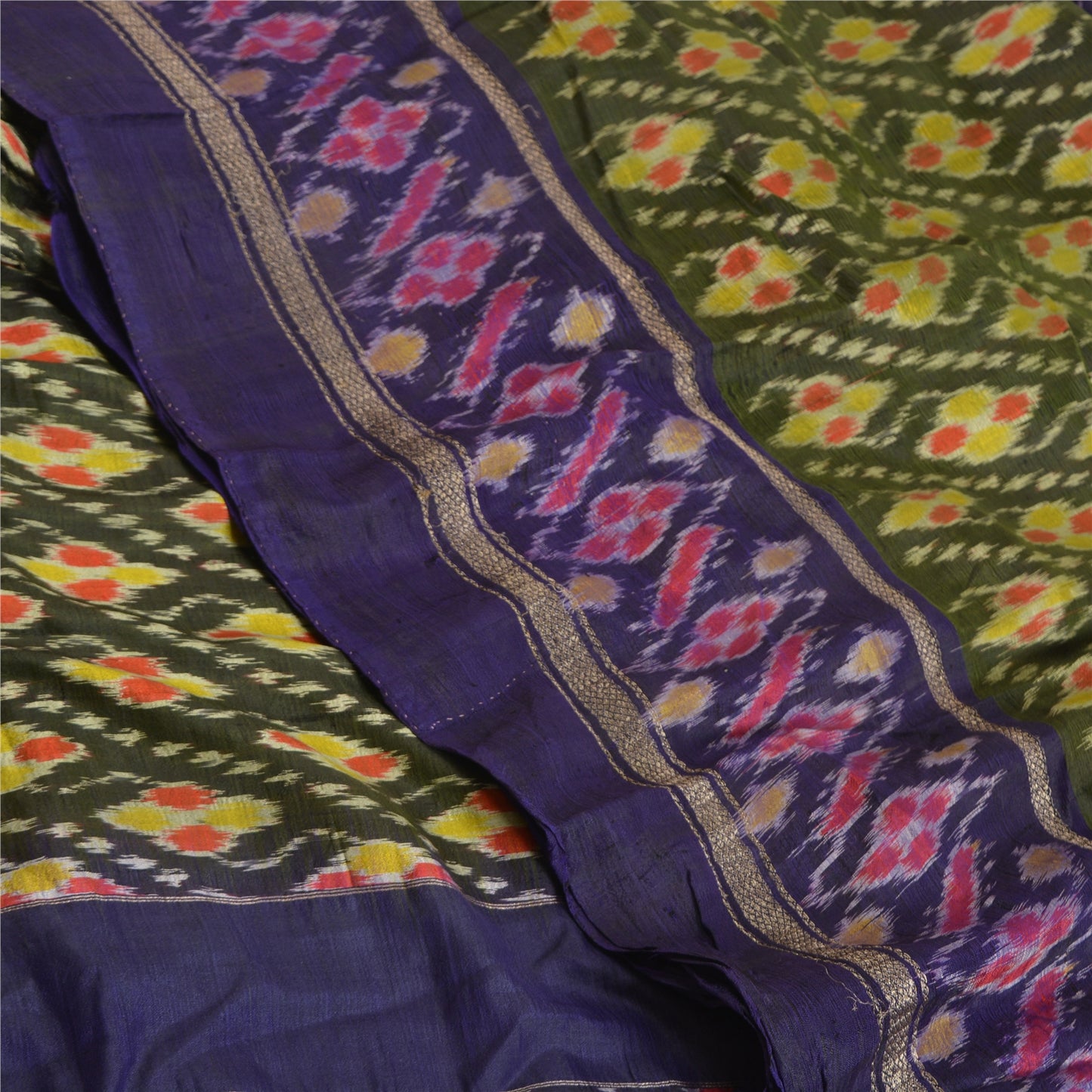 Sanskriti Vintage Saree Green & Purple 5 yard Craft Fabric Sambhalpuri Hand Woven Ikat Saree 100% Pure Silk Sari Quilting For DIY Project