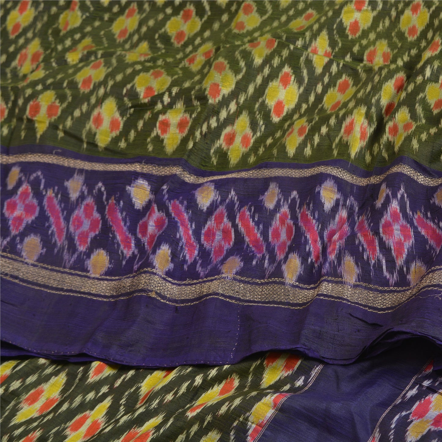 Sanskriti Vintage Saree Green & Purple 5 yard Craft Fabric Sambhalpuri Hand Woven Ikat Saree 100% Pure Silk Sari Quilting For DIY Project