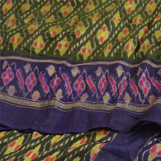 Sanskriti Vintage Saree Green & Purple 5 yard Craft Fabric Sambhalpuri Hand Woven Ikat Saree 100% Pure Silk Sari Quilting For DIY Project